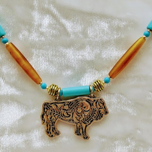 TURQUOISE & HORN NECKLACE/CHOKER*MEN*NATIVE/SOUTHWEST*HAND CRAFTED* - Picture 3 of 5